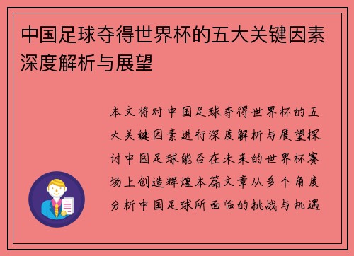 中国足球夺得世界杯的五大关键因素深度解析与展望